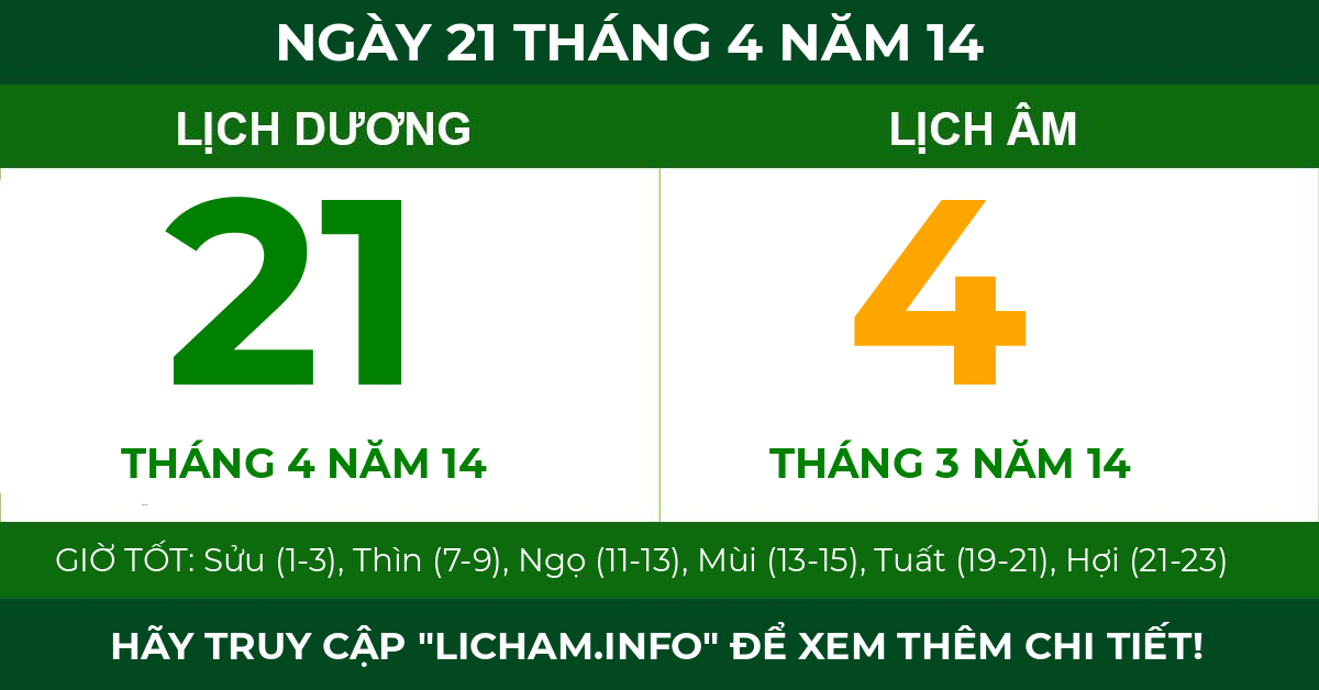lịch âm ngày 21 tháng 4 năm 14