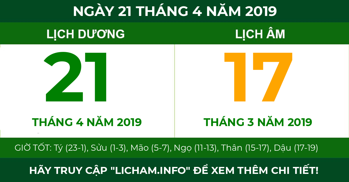 lịch âm ngày 21 tháng 4 năm 2019