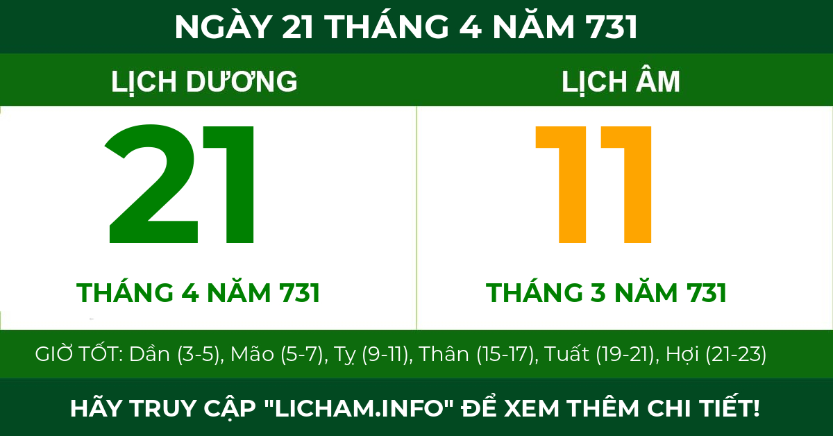 lịch âm ngày 21 tháng 4 năm 731