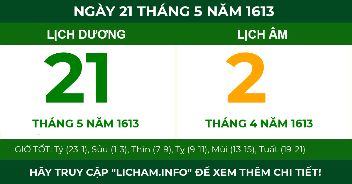 lịch âm ngày 21 tháng 5 năm 1613