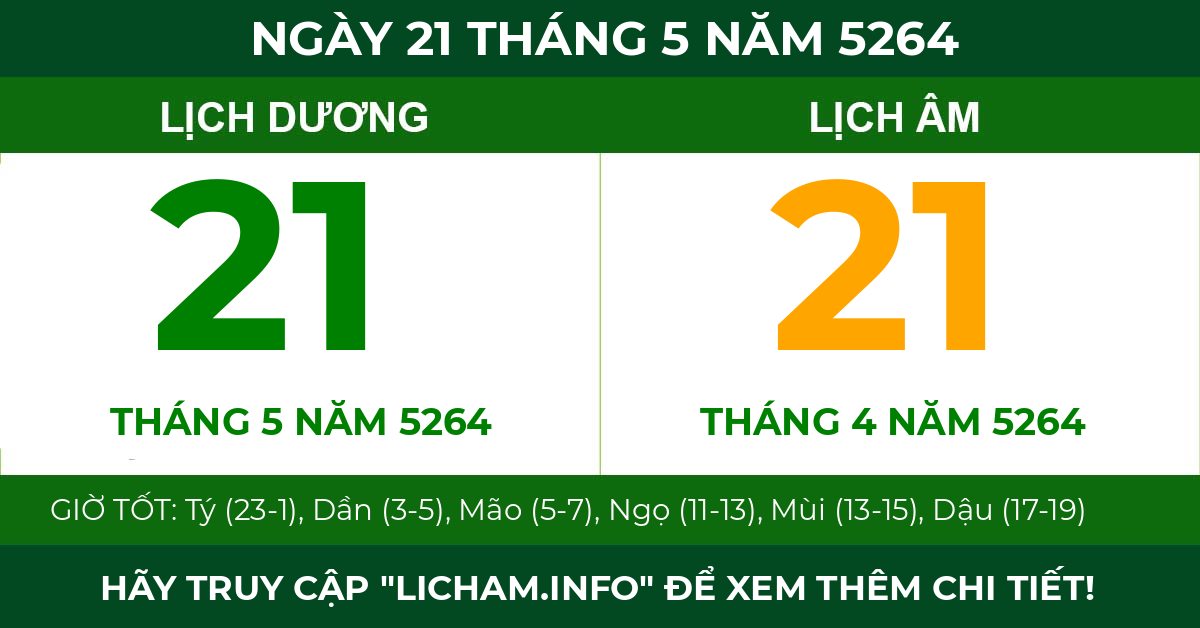 lịch âm ngày 21 tháng 5 năm 5264
