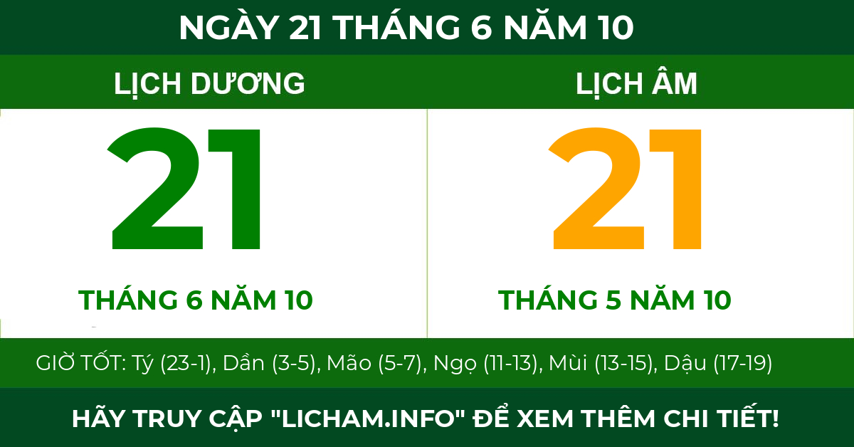 lịch âm ngày 21 tháng 6 năm 10