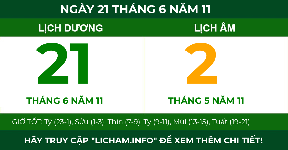 lịch âm ngày 21 tháng 6 năm 11