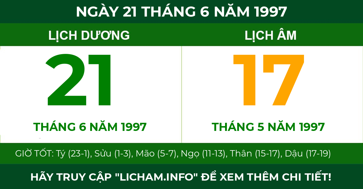 lịch âm ngày 21 tháng 6 năm 1997