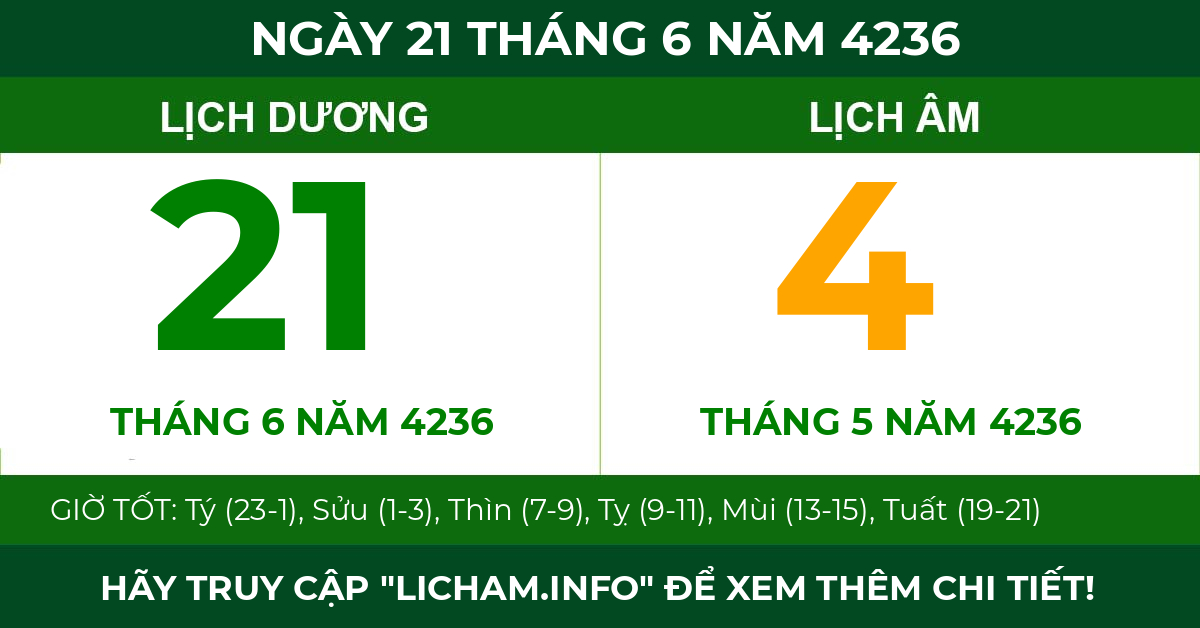 lịch âm ngày 21 tháng 6 năm 4236
