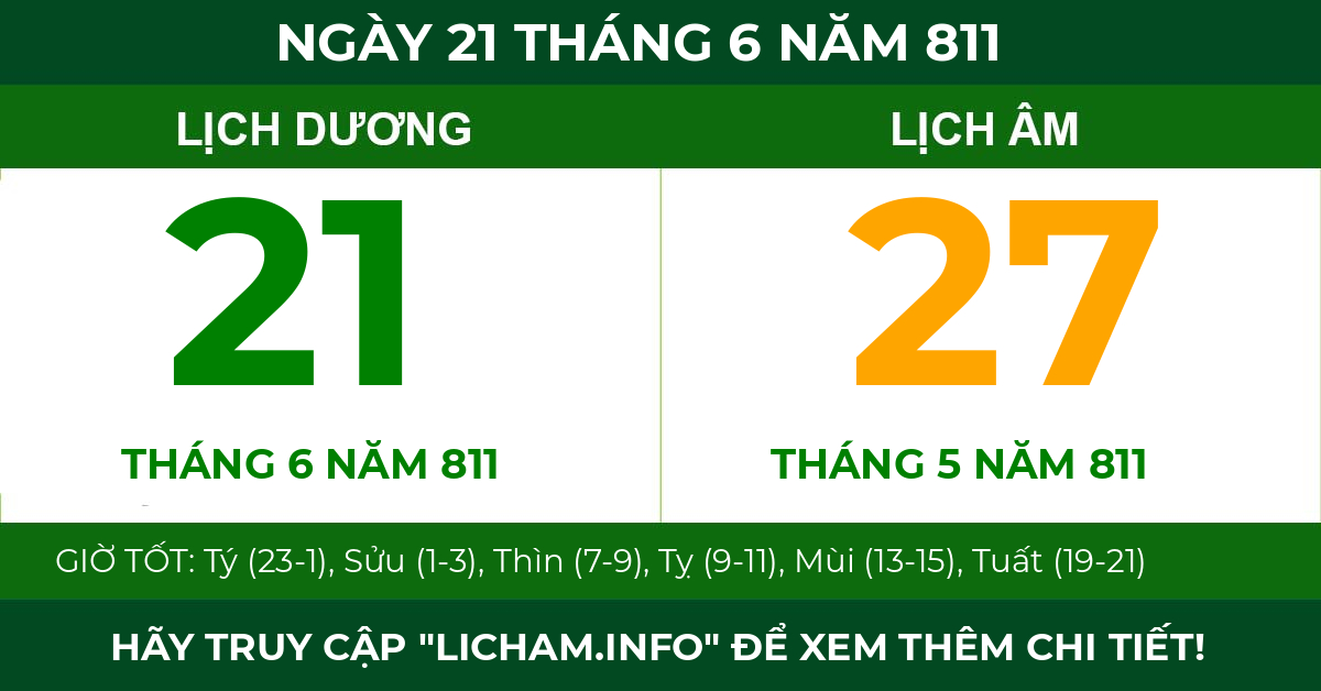 lịch âm ngày 21 tháng 6 năm 811