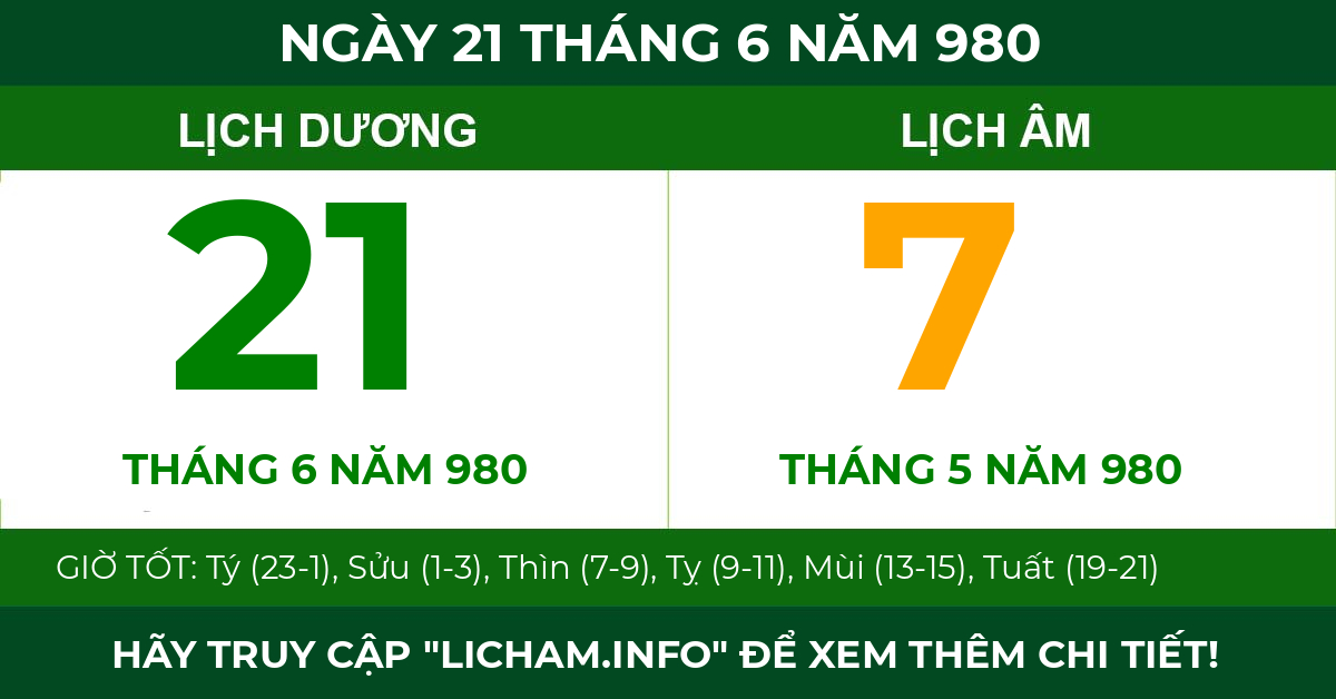 lịch âm ngày 21 tháng 6 năm 980