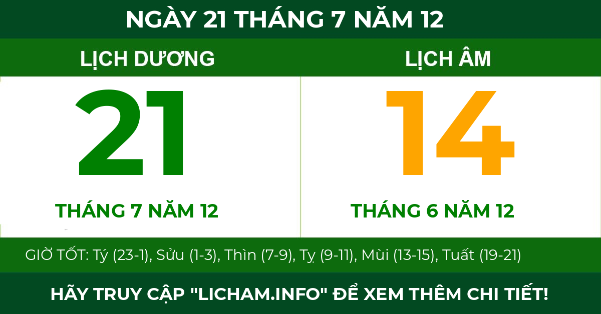 lịch âm ngày 21 tháng 7 năm 12