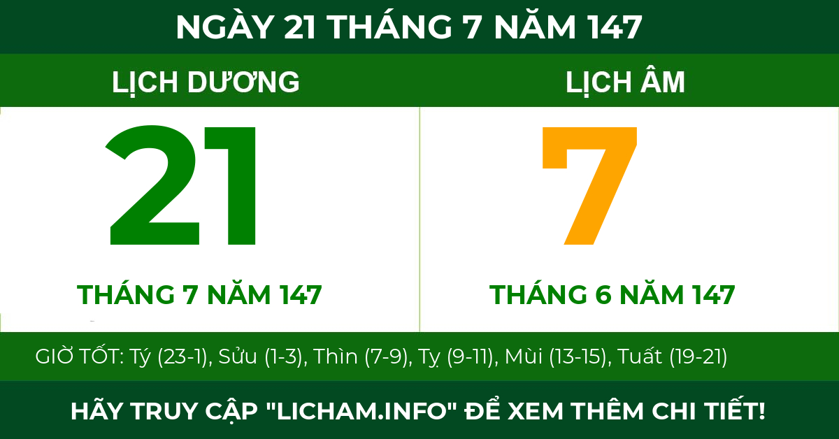 lịch âm ngày 21 tháng 7 năm 147