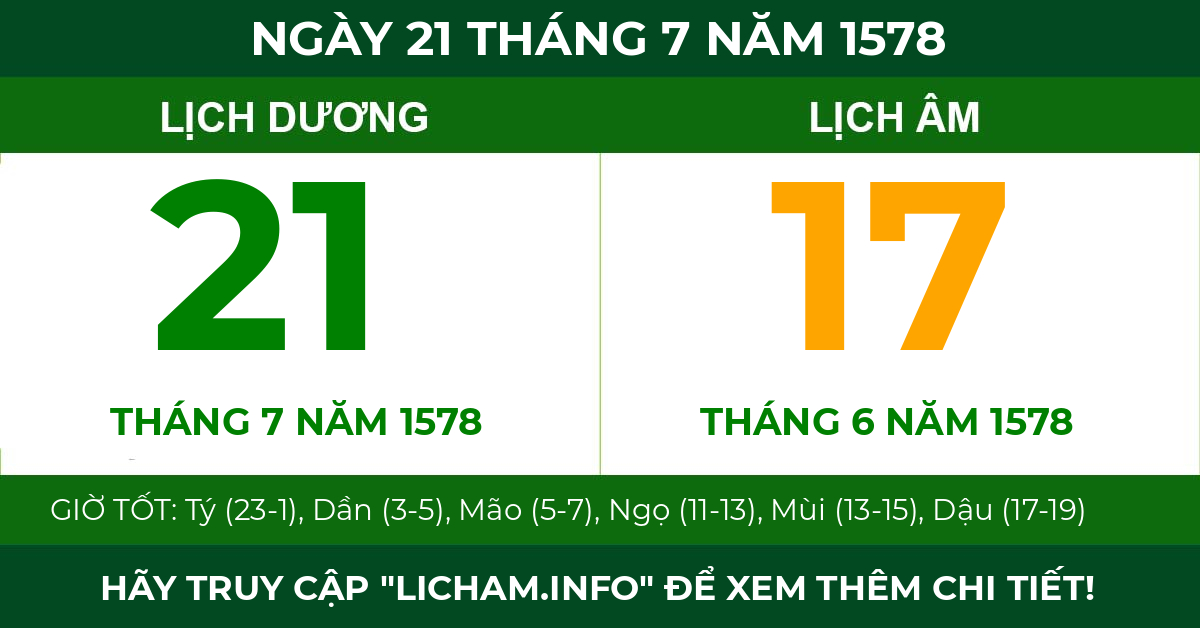 lịch âm ngày 21 tháng 7 năm 1578