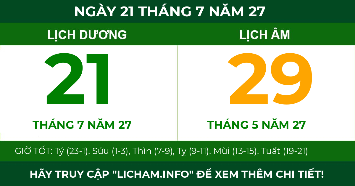 lịch âm ngày 21 tháng 7 năm 27