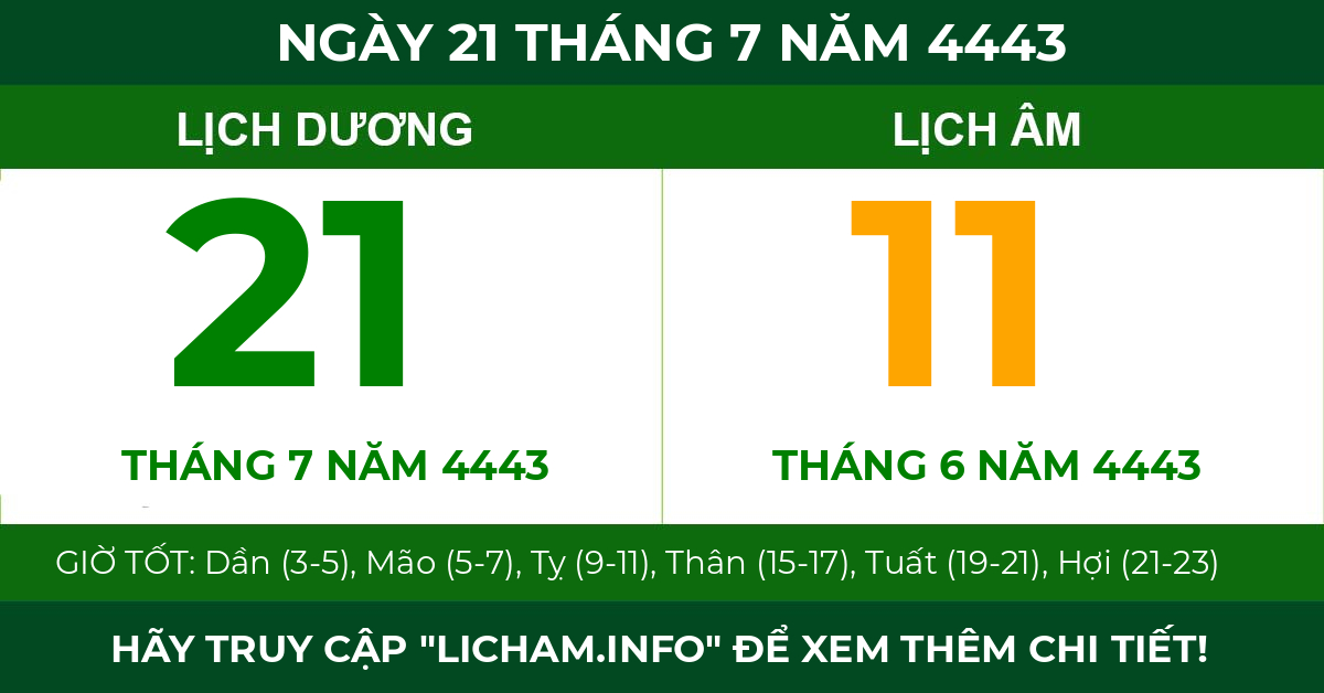 lịch âm ngày 21 tháng 7 năm 4443