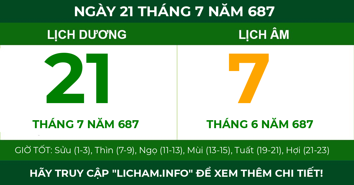 lịch âm ngày 21 tháng 7 năm 687
