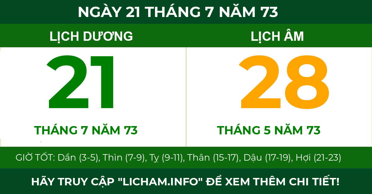 lịch âm ngày 21 tháng 7 năm 73