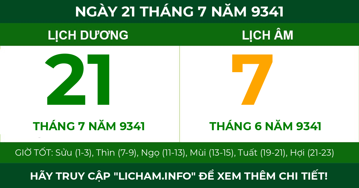 lịch âm ngày 21 tháng 7 năm 9341