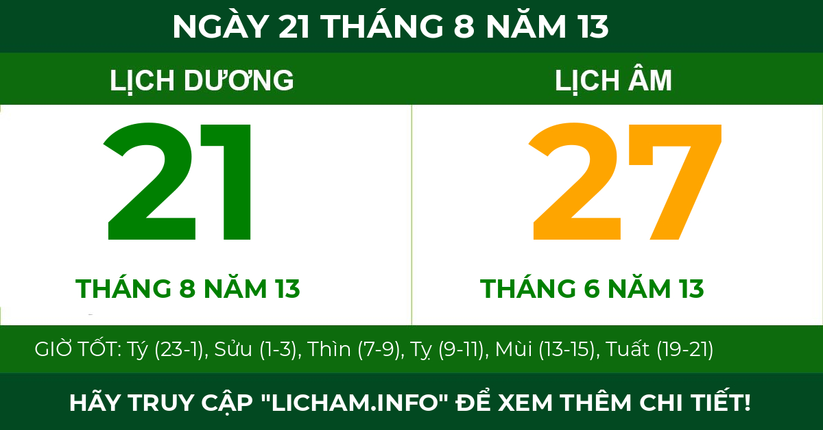 lịch âm ngày 21 tháng 8 năm 13