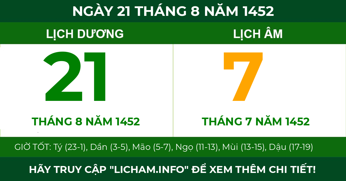 lịch âm ngày 21 tháng 8 năm 1452