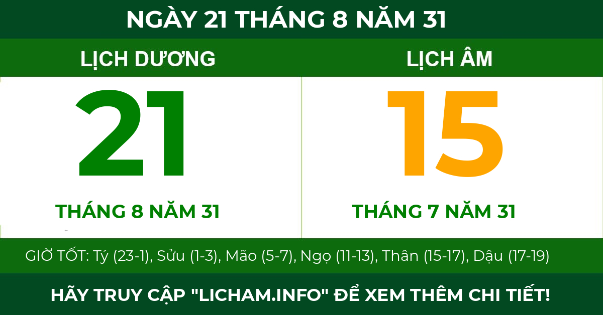 lịch âm ngày 21 tháng 8 năm 31