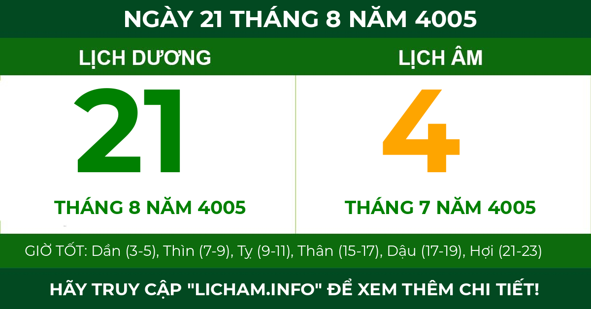 lịch âm ngày 21 tháng 8 năm 4005