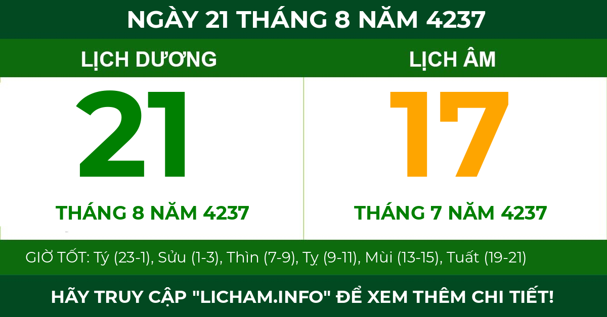 lịch âm ngày 21 tháng 8 năm 4237