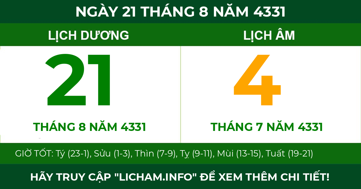lịch âm ngày 21 tháng 8 năm 4331