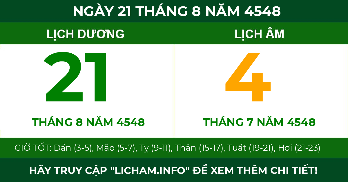 lịch âm ngày 21 tháng 8 năm 4548