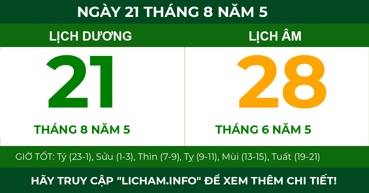 lịch âm ngày 21 tháng 8 năm 5
