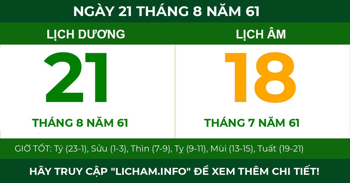 lịch âm ngày 21 tháng 8 năm 61