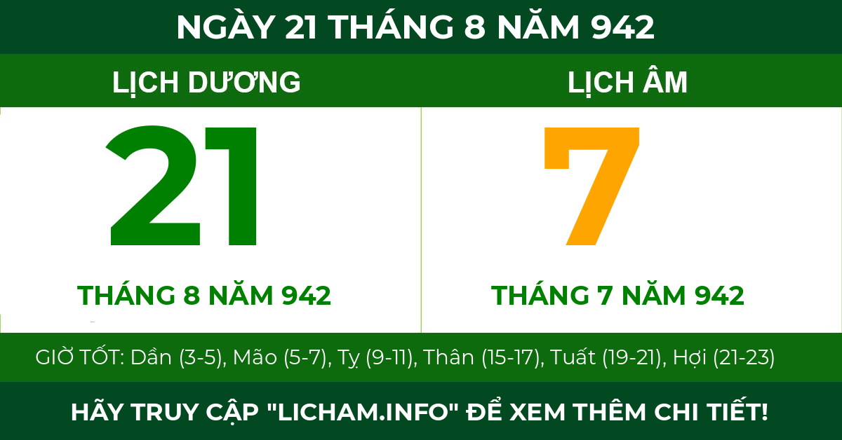 lịch âm ngày 21 tháng 8 năm 942