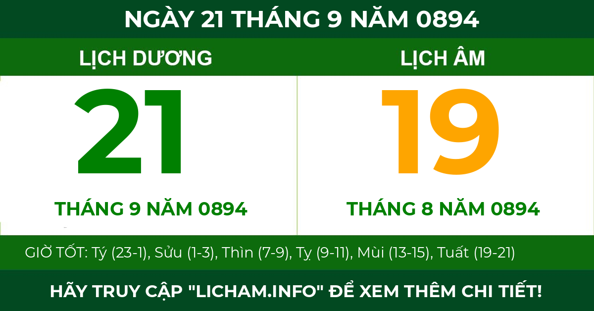 lịch âm ngày 21 tháng 9 năm 0894