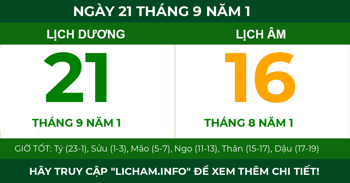 lịch âm ngày 21 tháng 9 năm 1