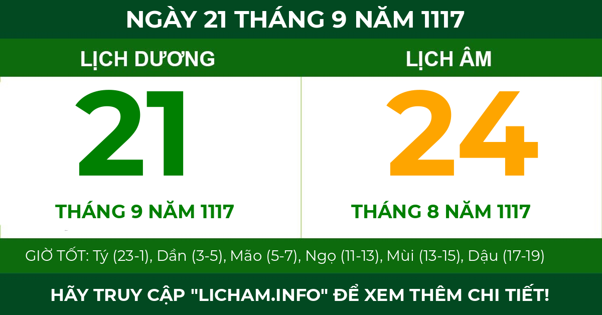 lịch âm ngày 21 tháng 9 năm 1117