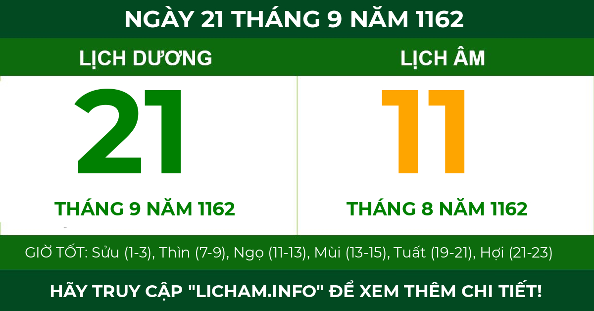 lịch âm ngày 21 tháng 9 năm 1162