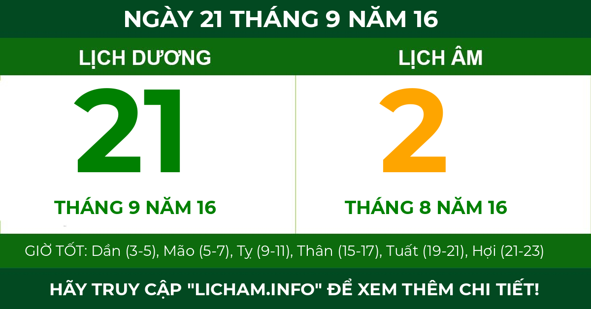 lịch âm ngày 21 tháng 9 năm 16