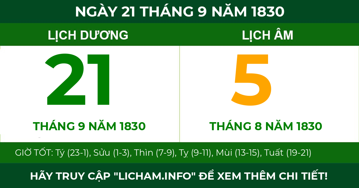lịch âm ngày 21 tháng 9 năm 1830