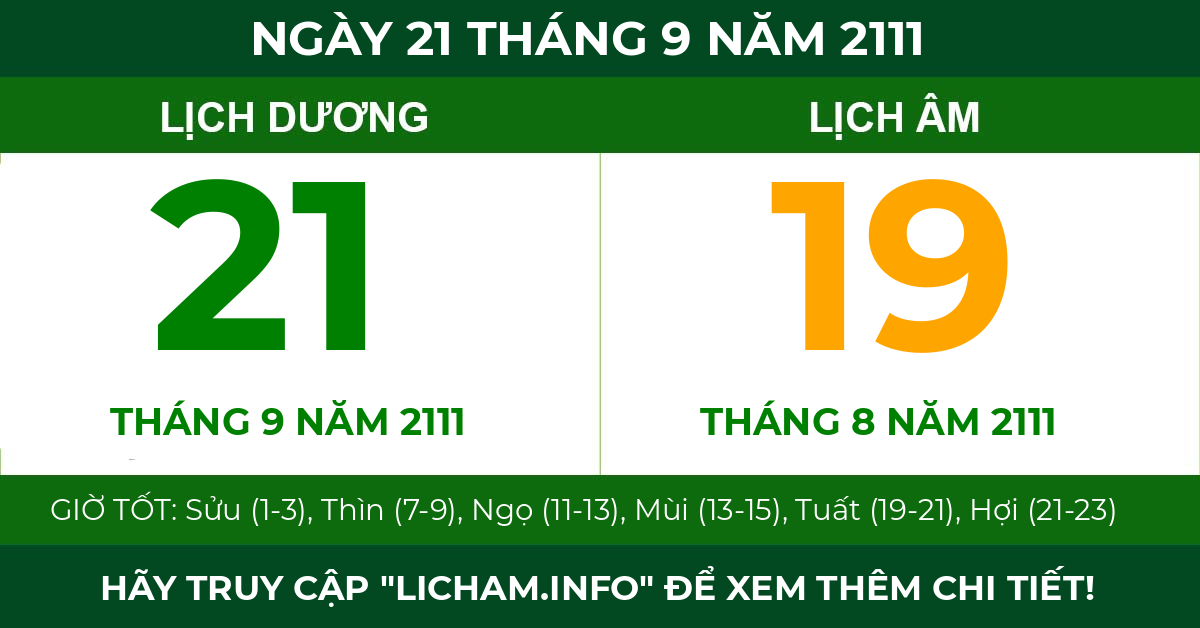lịch âm ngày 21 tháng 9 năm 2111