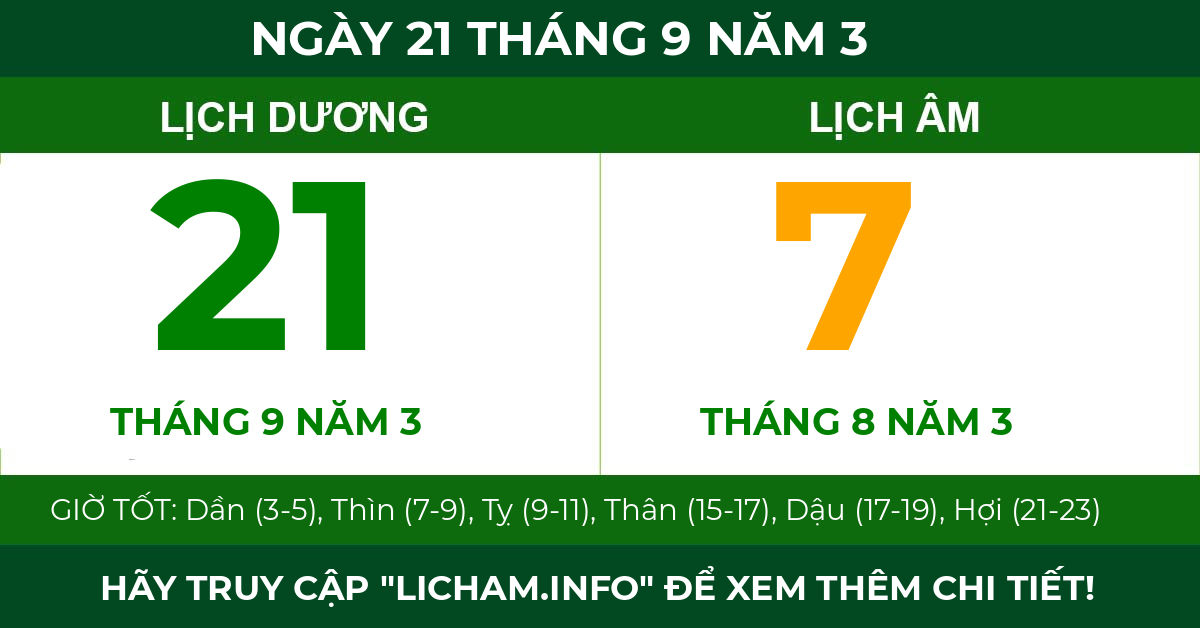 lịch âm ngày 21 tháng 9 năm 3