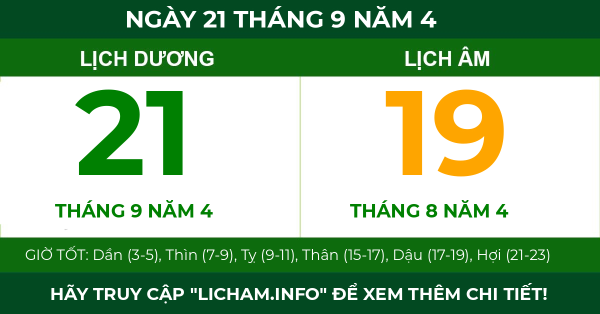 lịch âm ngày 21 tháng 9 năm 4