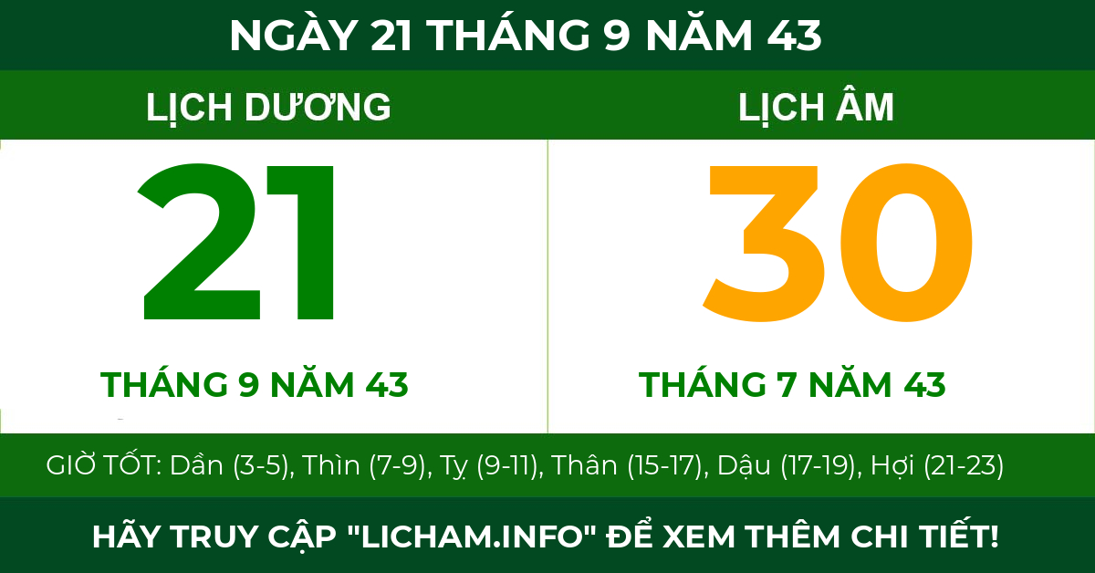 lịch âm ngày 21 tháng 9 năm 43