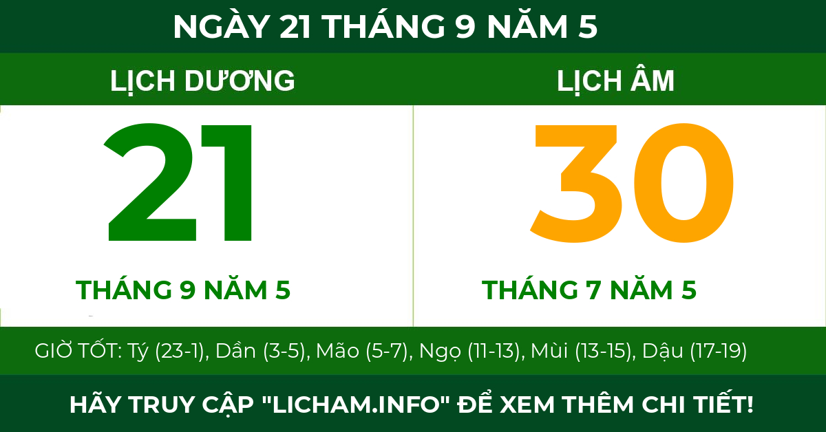 lịch âm ngày 21 tháng 9 năm 5