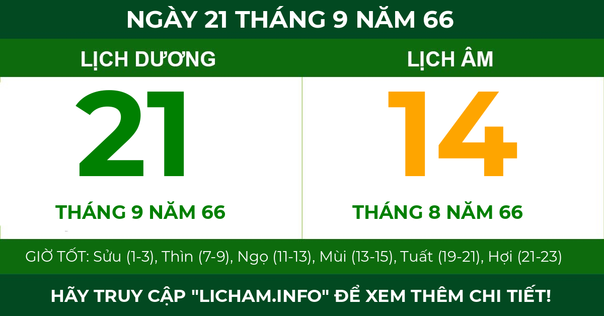 lịch âm ngày 21 tháng 9 năm 66