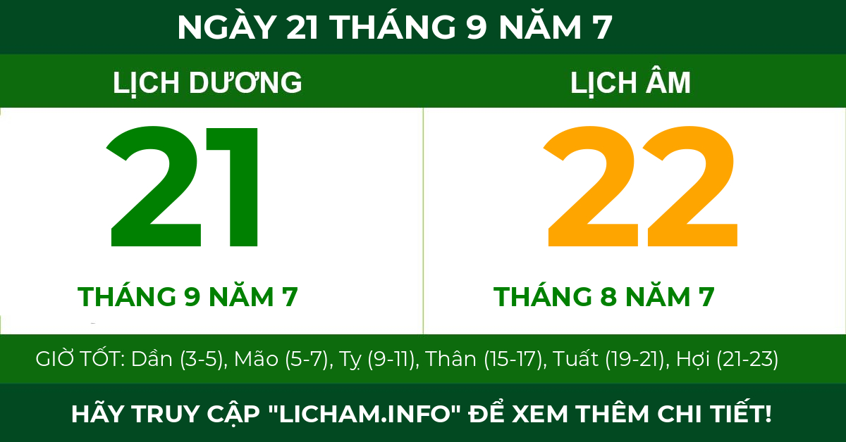 lịch âm ngày 21 tháng 9 năm 7