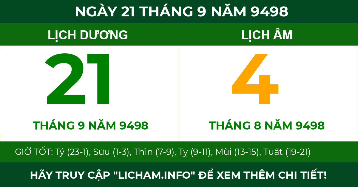 lịch âm ngày 21 tháng 9 năm 9498