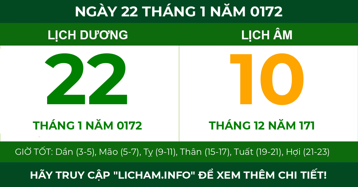 lịch âm ngày 22 tháng 1 năm 0172