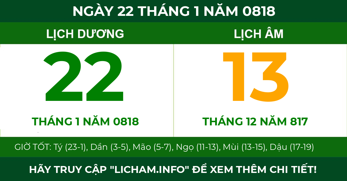 lịch âm ngày 22 tháng 1 năm 0818
