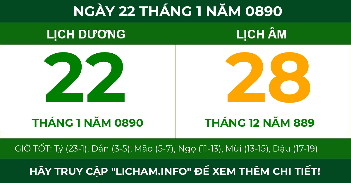 lịch âm ngày 22 tháng 1 năm 0890