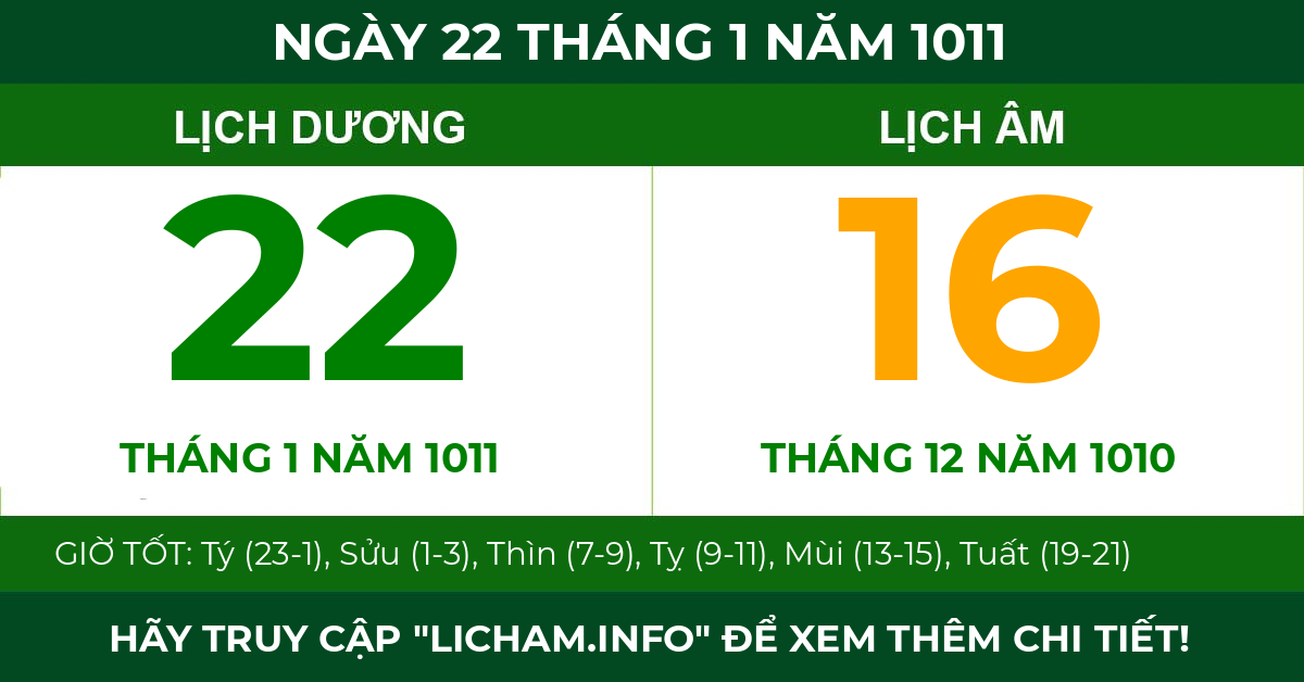 lịch âm ngày 22 tháng 1 năm 1011