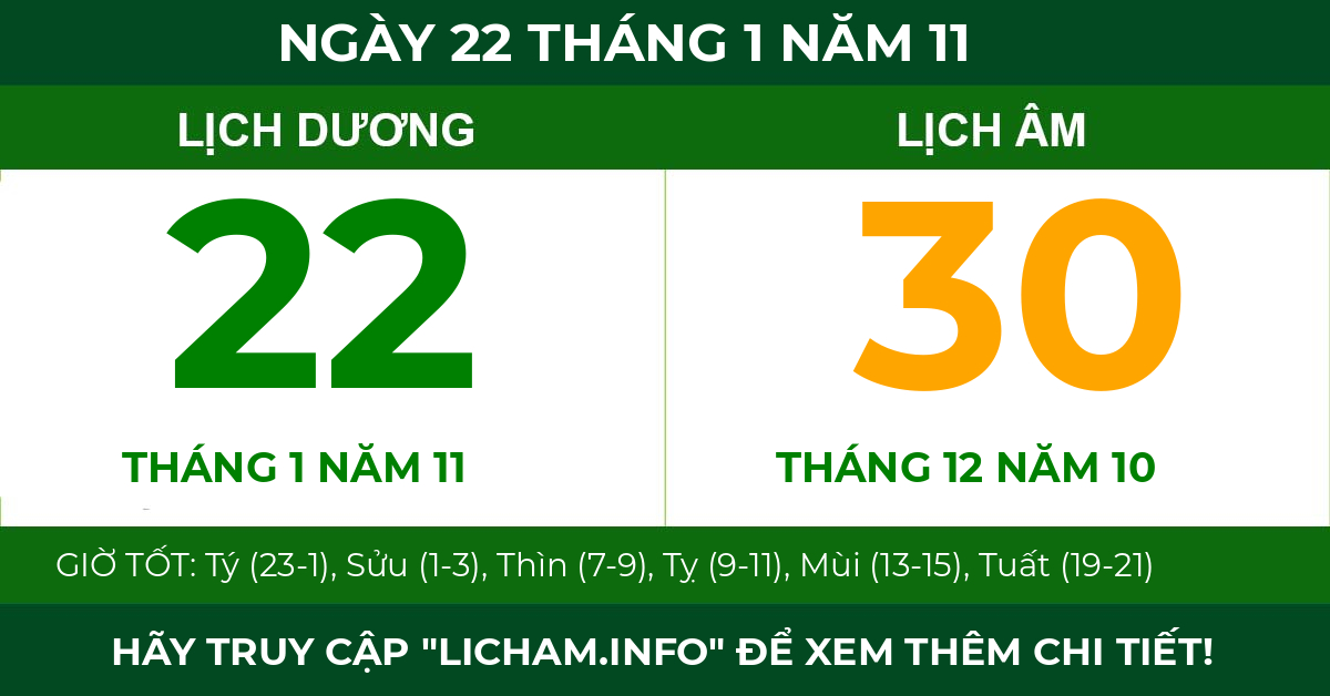 lịch âm ngày 22 tháng 1 năm 11