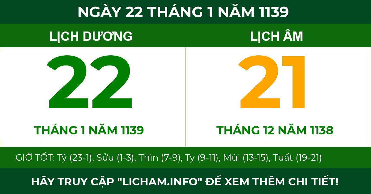 lịch âm ngày 22 tháng 1 năm 1139