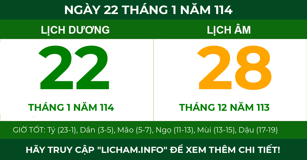 lịch âm ngày 22 tháng 1 năm 114